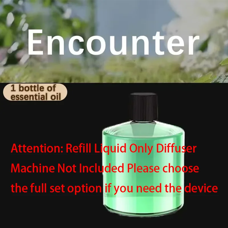 A glass bottle of essential oil with a black cap is shown against a blurred green and white background.