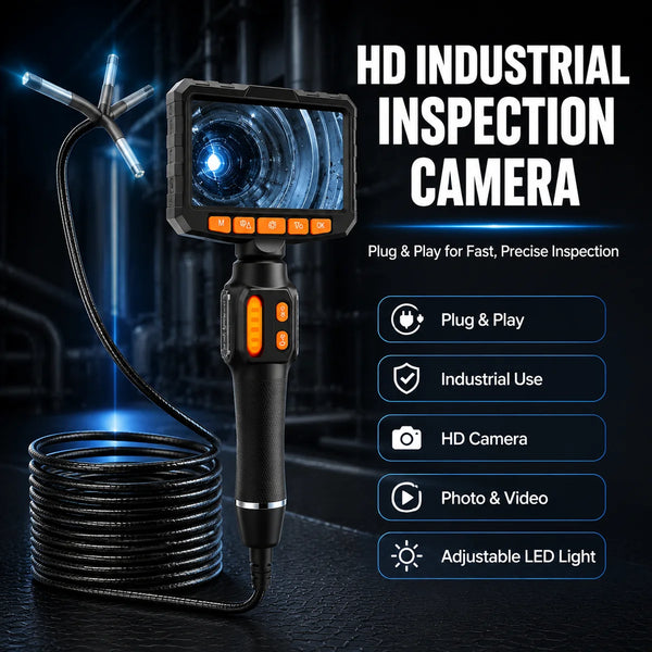 An HD industrial inspection camera with a flexible cable and adjustable LED light, ready for plug and play use.