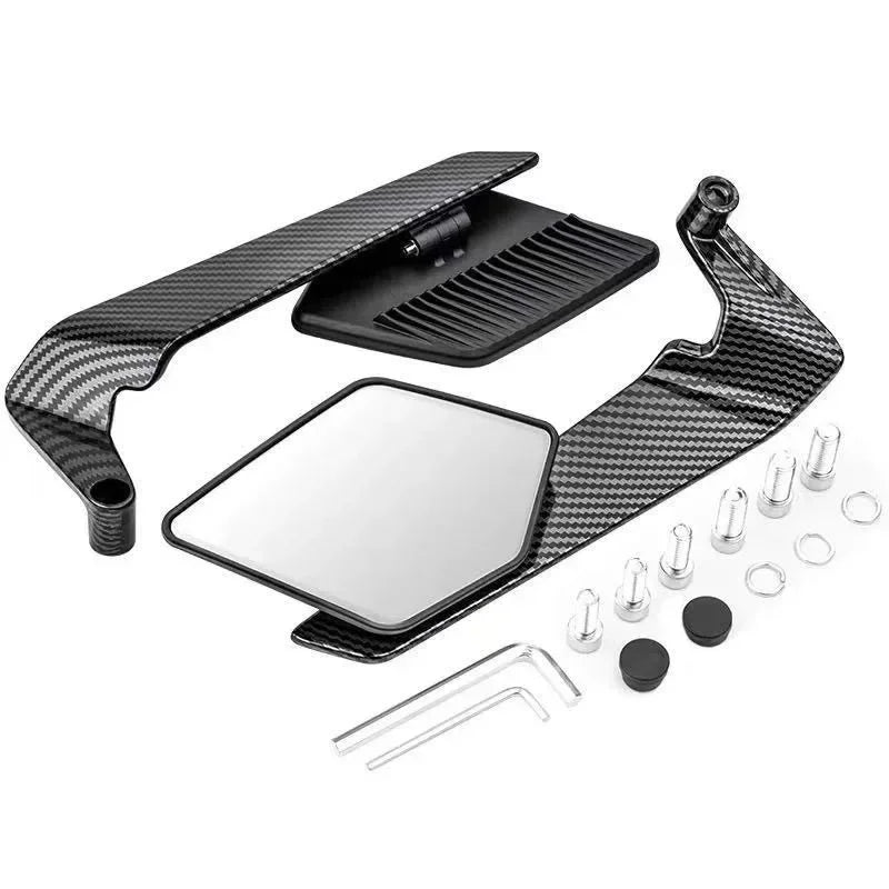 A set of adjustable black carbon fiber motorcycle side mirrors with mounting brackets.