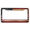 A rectangular license plate frame featuring the American flag design with stars and stripes on a weathered metal background.