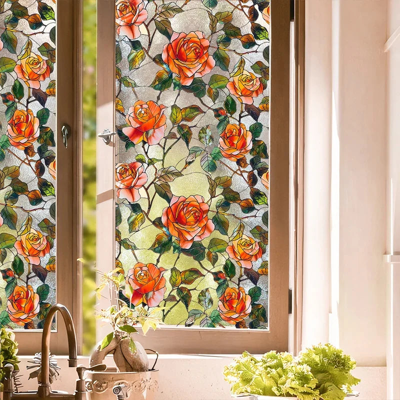 Decorative PVC stained glass window film featuring orange and pink roses on a green background