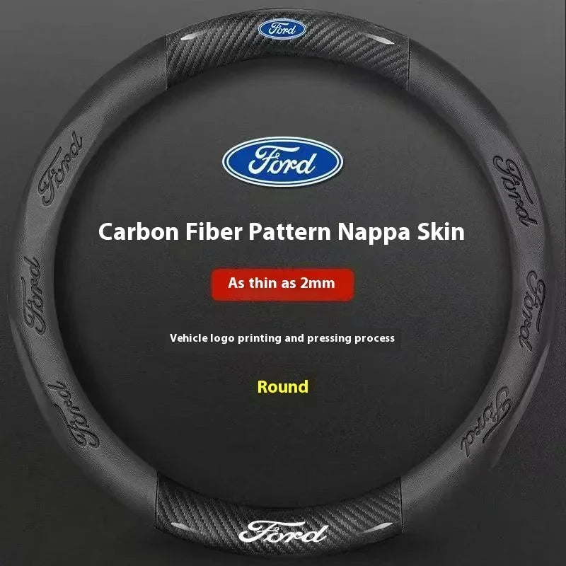 Black carbon fiber patterned nappa skin steering wheel cover for Ford vehicles