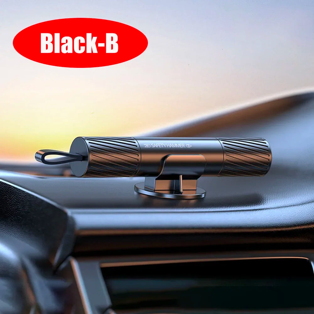 A close-up of a Black-B safety hammer tool resting on a car panel.