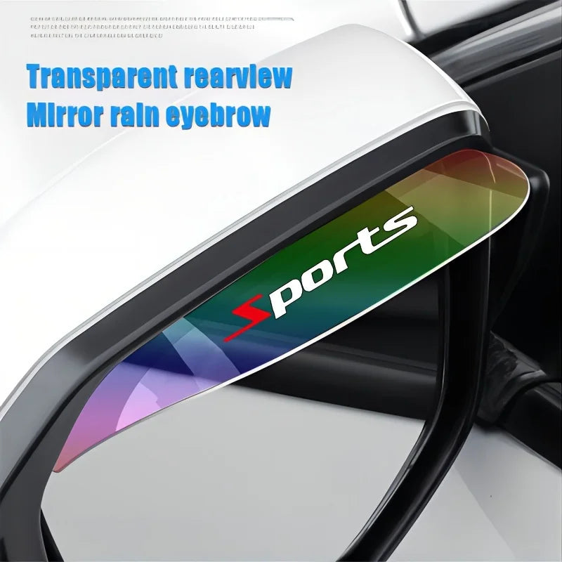 Transparent rearview mirror rain eyebrow with a sports design on a car interior.