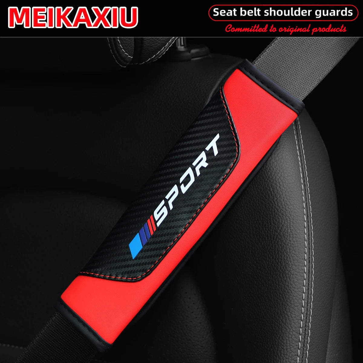 Red and black PU leather carbon fiber seat belt shoulder guard for a car seat