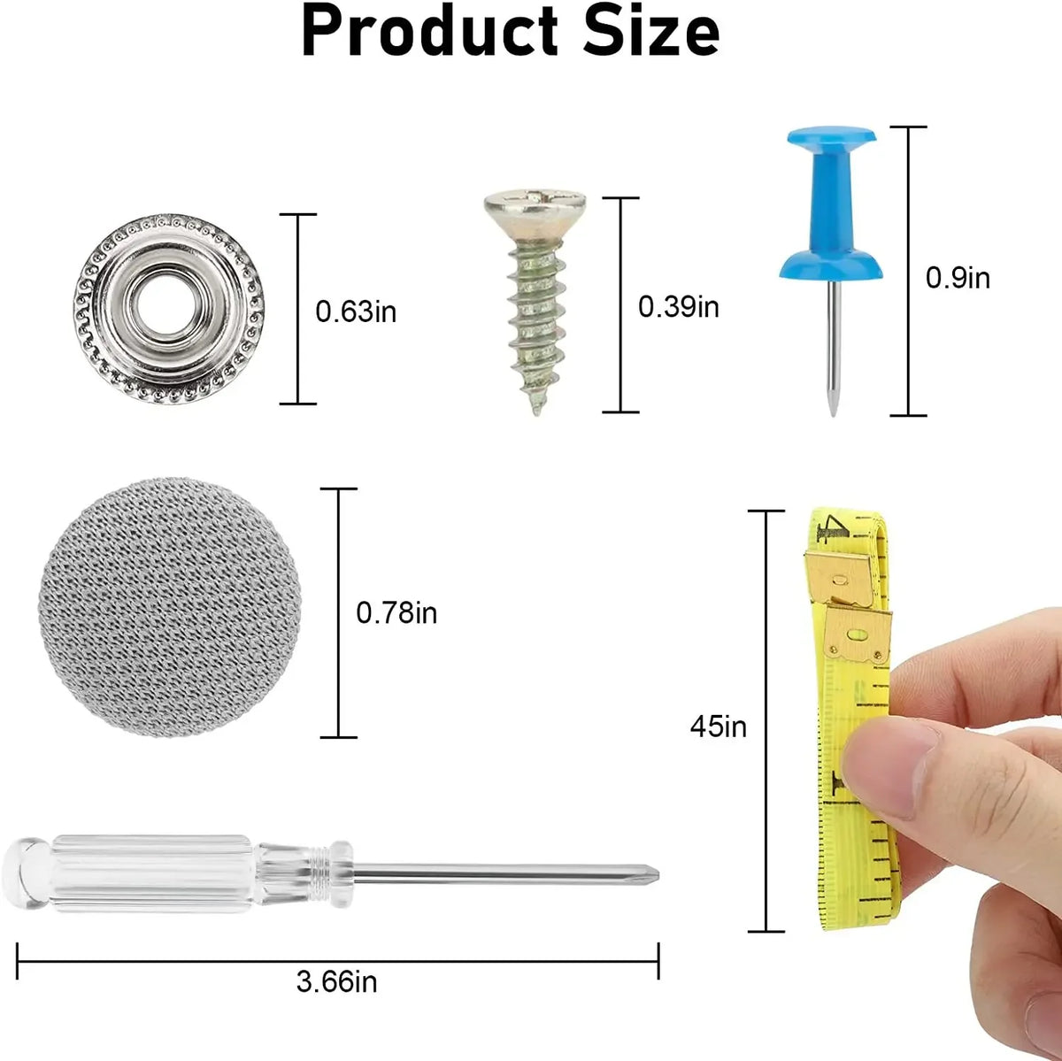 Various sizes of metal and plastic fasteners, including a screw-type pin and a cylindrical clip, are shown next to a ruler fo