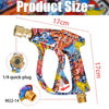 A high-pressure washer gun with a foam cannon and nozzle set is shown with dimensions labeled.