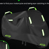 Black motorcycle UV protection cover featuring seven reflective strips for enhanced visibility.