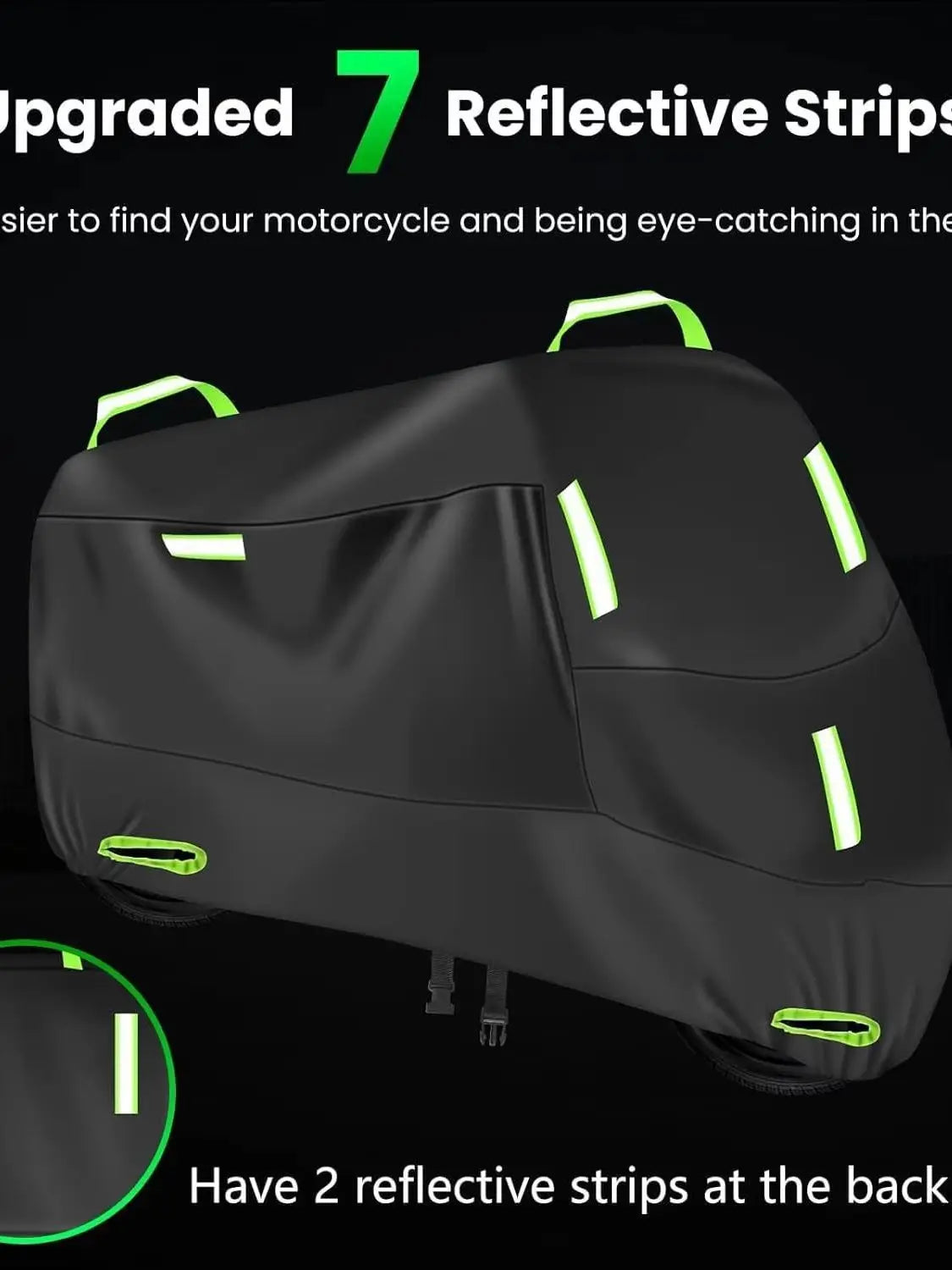 Black motorcycle UV protection cover featuring seven reflective strips for enhanced visibility.