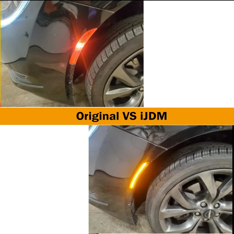 Comparación entre luces direccionales originales y luces LED ahumadas iJDM en el guardabarros de un coche.