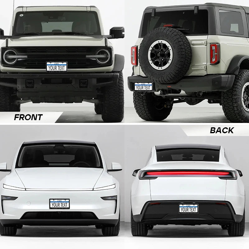 Front and back views of a white Jeep Wrangler with carbon fiber license plate frame covers.