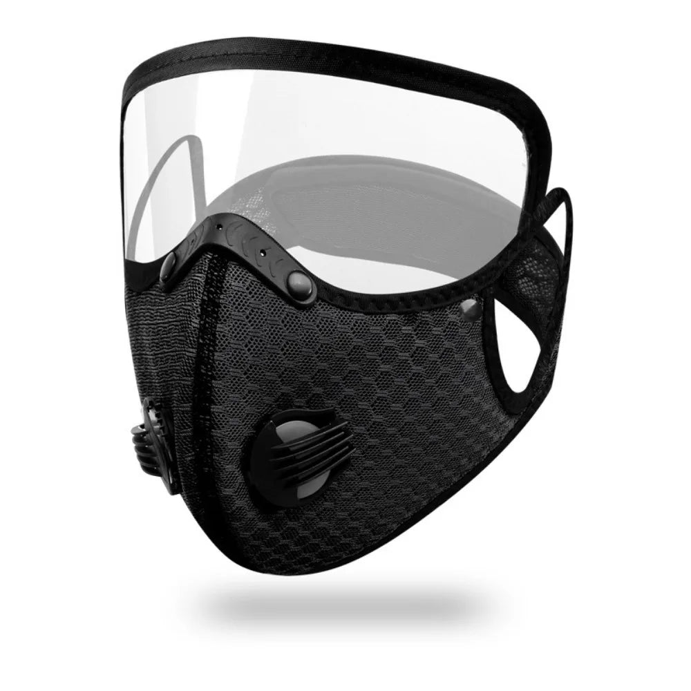 Black breathable cycling and outdoor face mask with a clear visor