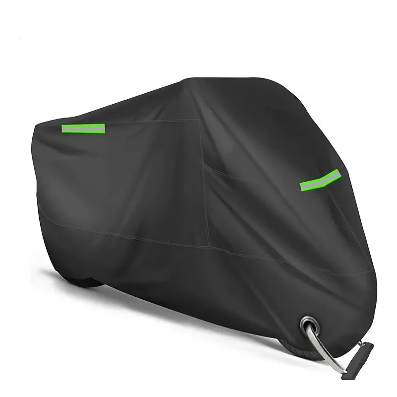 Black motorcycle cover with green reflective strips shown from the side.
