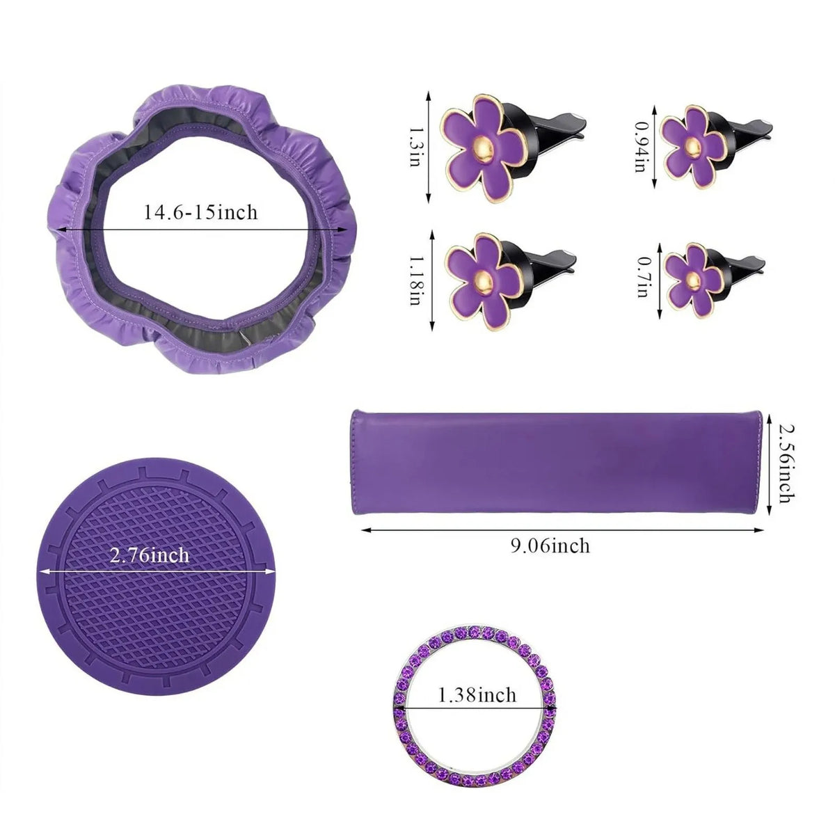 Purple car interior accessory set including a steering wheel cover, comfort pads, and a purple leather-like pad.