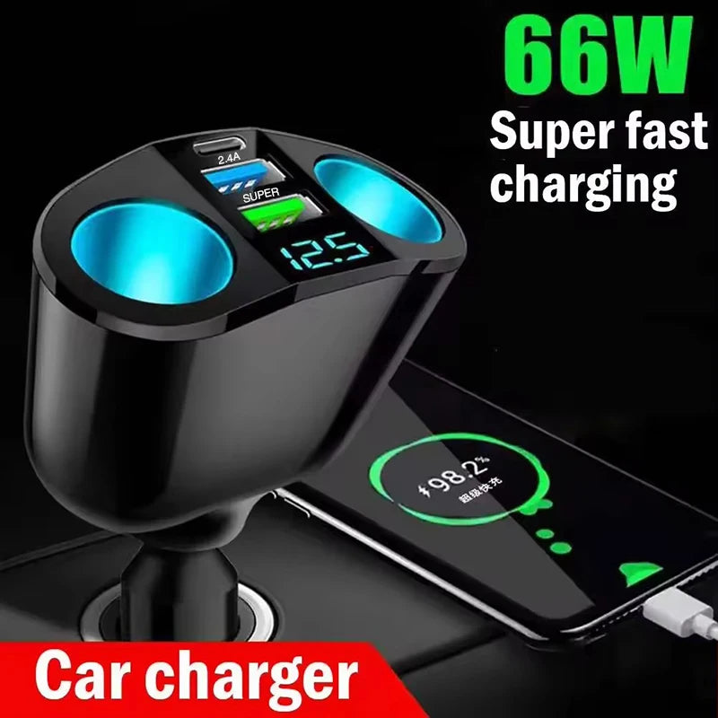 A black dual-port car charger adapter with a digital display is shown charging a smartphone.
