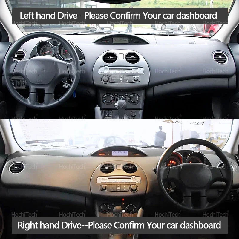 Two views of a car dashboard cover for a Mitsubishi Eclipse, showing the left and right hand drive configurations.