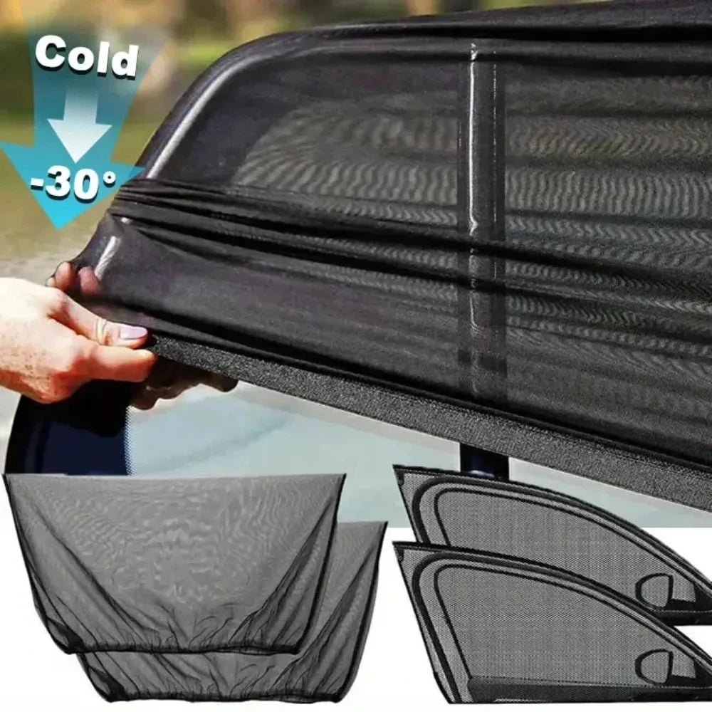 A hand is holding a black window screen set for UV and mosquito protection, showing the fabric and folded screens.