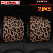 Two leopard print plush fabric headrest pillow covers for car seats