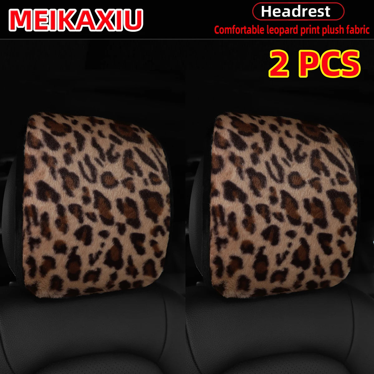 Two leopard print plush fabric headrest pillow covers for car seats