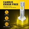 A white LED headlight bulb with a connector is shown against a yellow background, emphasizing error-free operation.