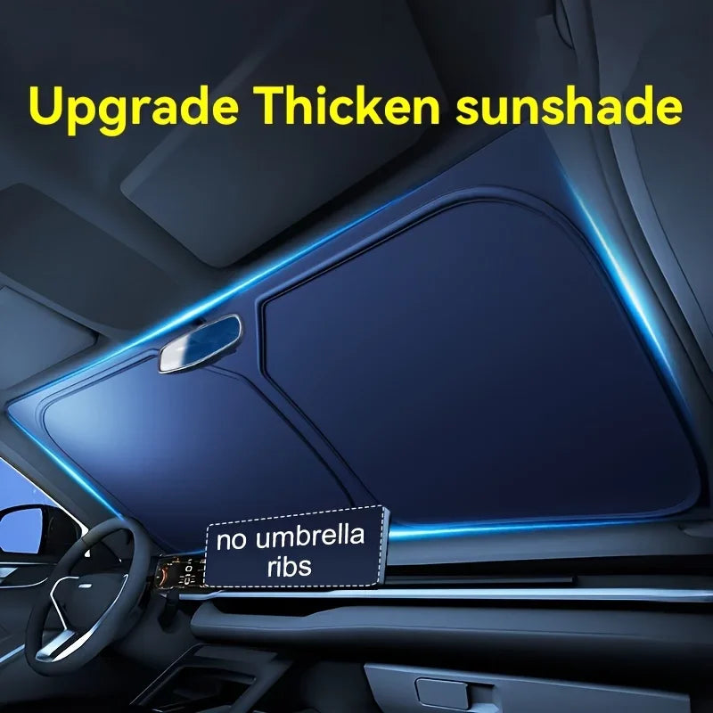 A close-up view of a car window with an upgraded thick sunshade installed, showing blue light accents.