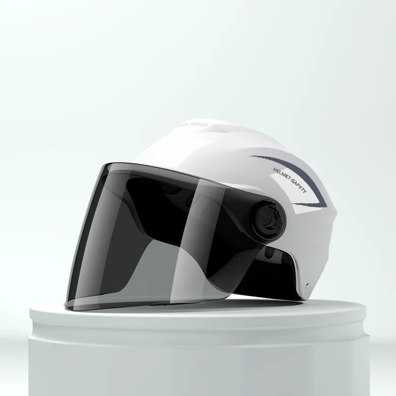 A white lightweight rainproof half helmet is displayed on a round white pedestal.