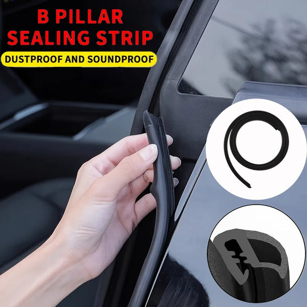 A hand is installing a black rubber sealing strip on a car door B-pillar for dustproof and soundproof sealing.