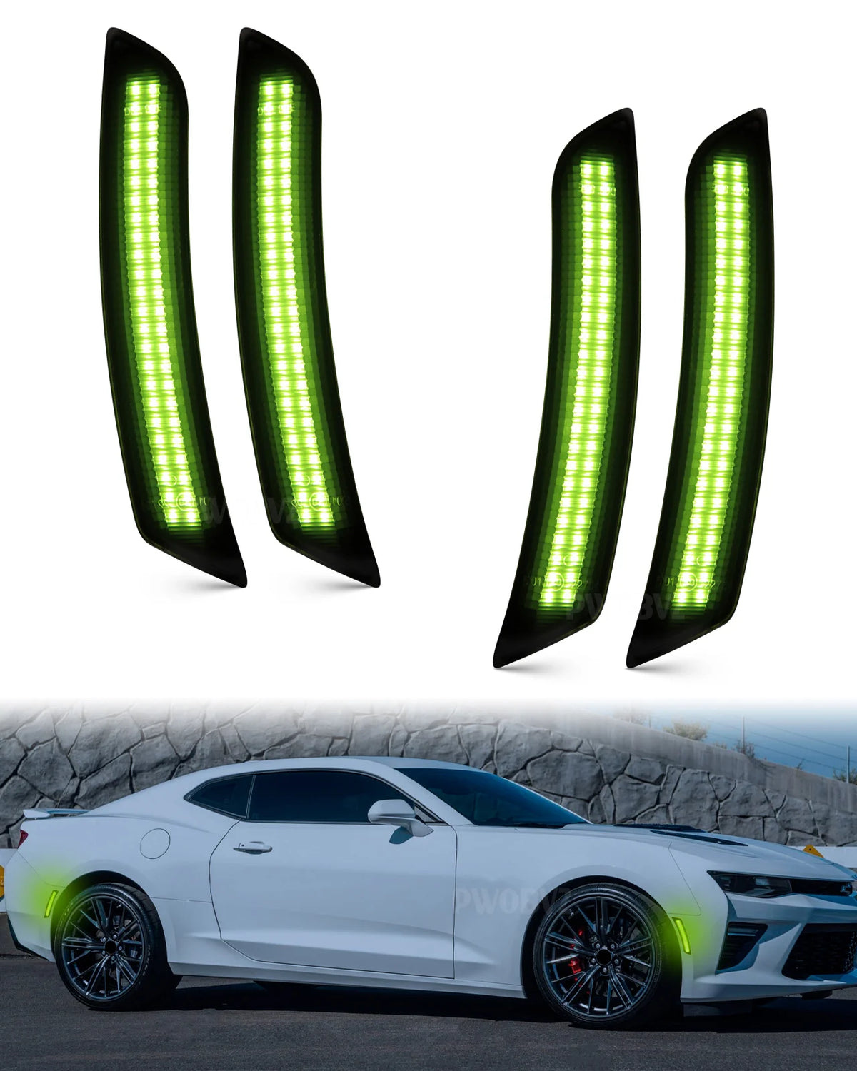 A set of bright green LED turn signal lights for a car, shown against a white background.