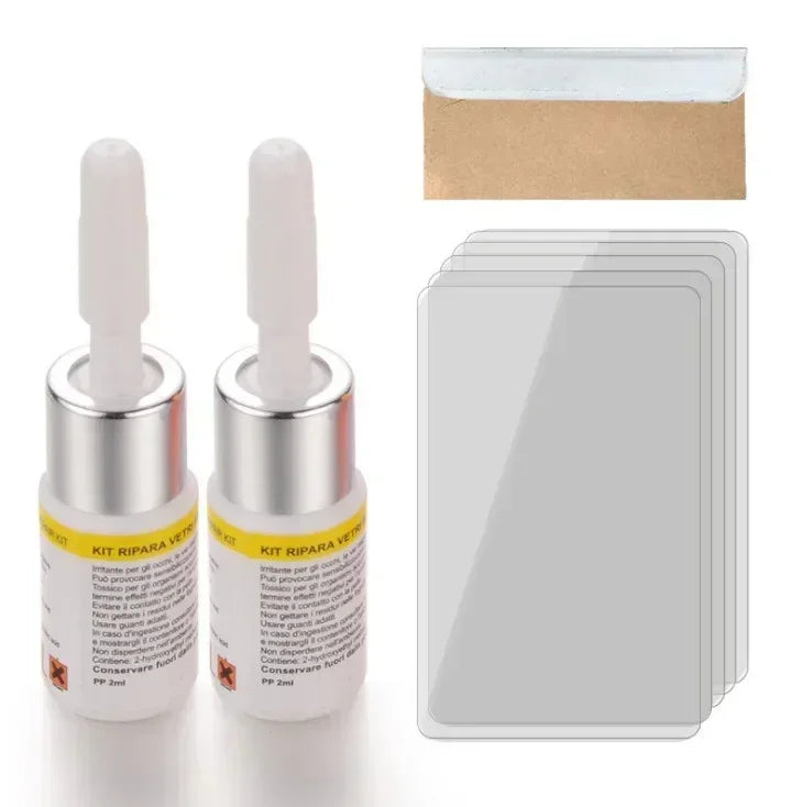 A kit for windshield and window repair resin including a bottle and a clear plastic sheet.