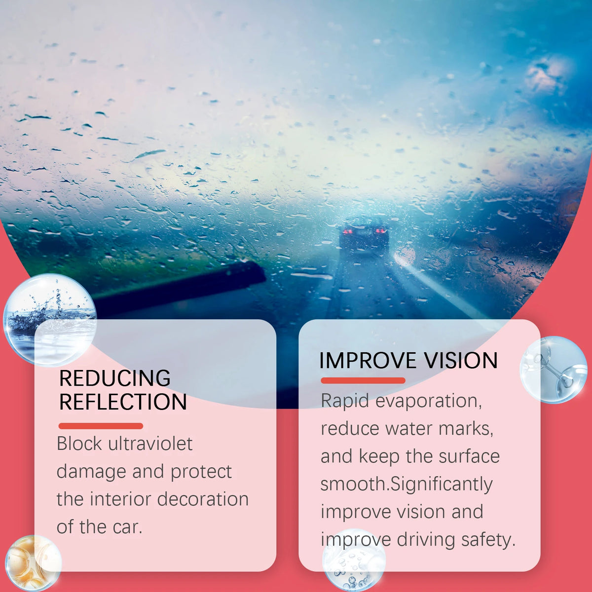 A close-up of a car windshield being cleaned with a glass oil film remover brush on a wet road.