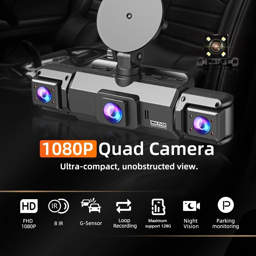 Caméra dashcam quad 1080P compacte multi-canaux montée dans l'habitacle d'une voiture.