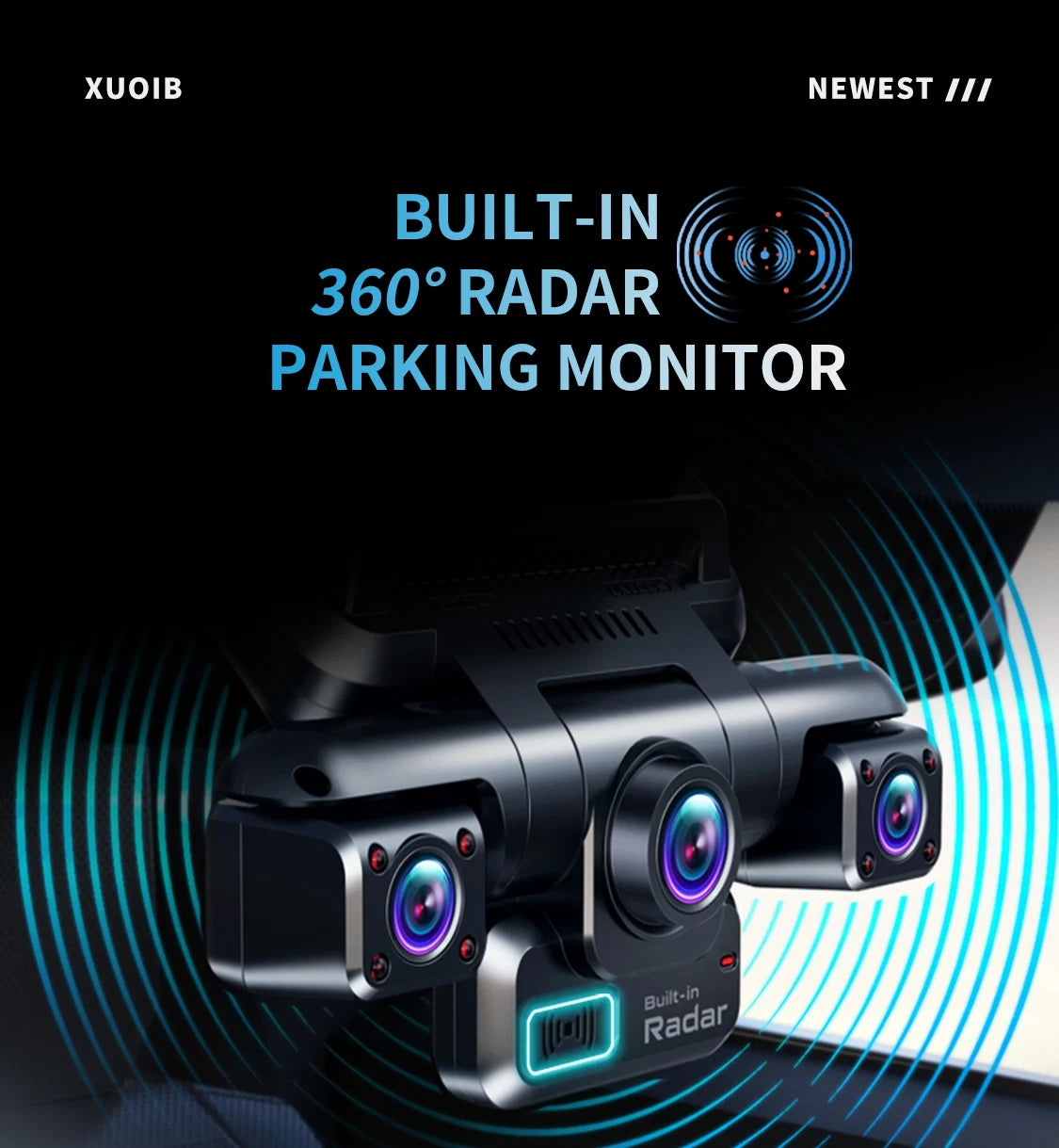 A black built-in 360 degree radar parking monitor camera is shown mounted on a vehicle interior.
