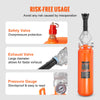 Orange professional handheld tire bead seater inflator showing safety valve, exhaust valve, and pressure gauge features.