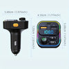 A black Bluetooth FM transmitter device shown with its dimensions and features.