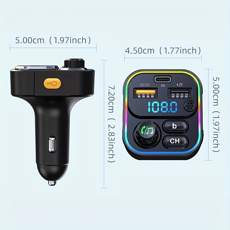 A black Bluetooth FM transmitter device shown with its dimensions and features.