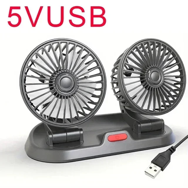 A gray car cooling fan with a mesh grille and an aromatherapy feature is shown on a charging base.