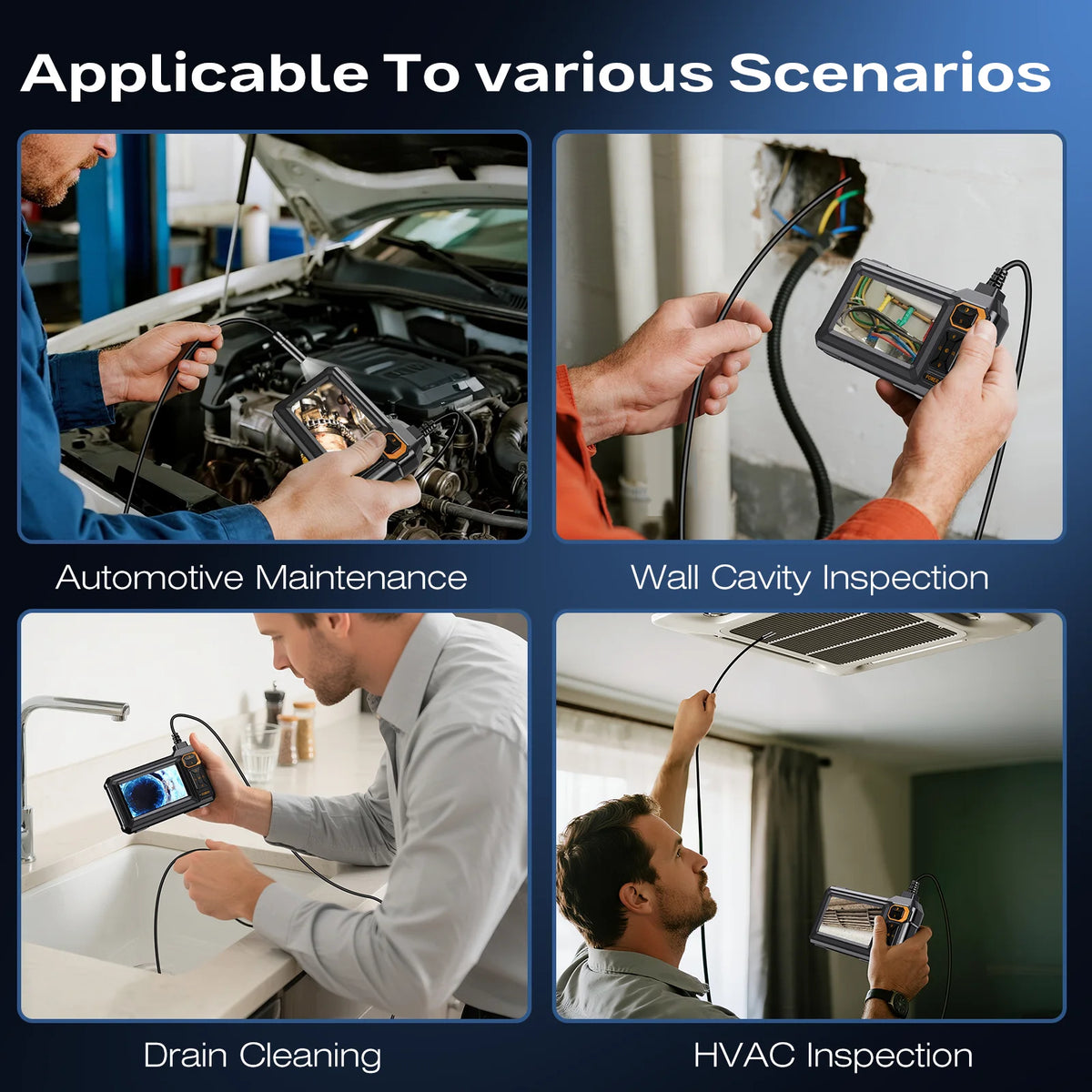 Four scenarios showing an industrial endoscope camera used for automotive maintenance, wall cavity inspection, drain cleaning