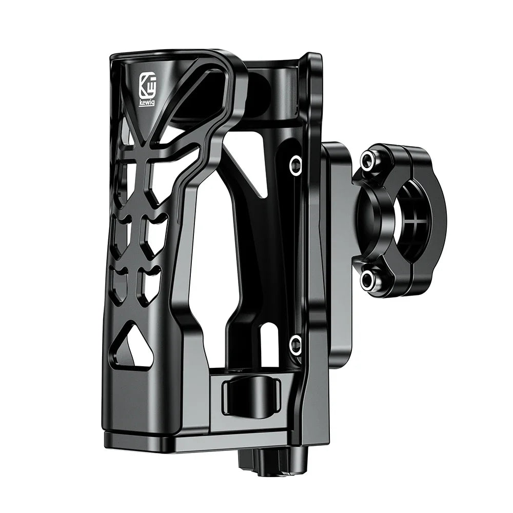 A black adjustable motorcycle drink holder clamp designed to secure bottles.