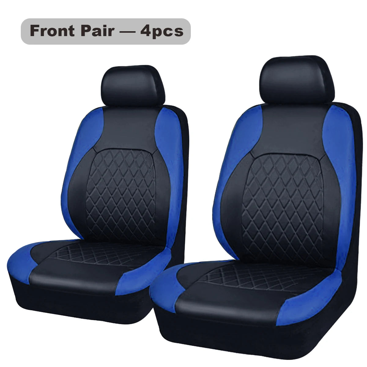 A pair of black and blue quilted car seat covers for front seats.