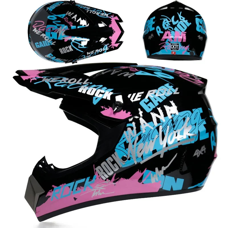 Black and pink kids motorcycle off-road safety helmet shown in various angles