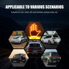 A hand light is shown illuminating a car, SUV, and pickup truck in various outdoor scenarios.
