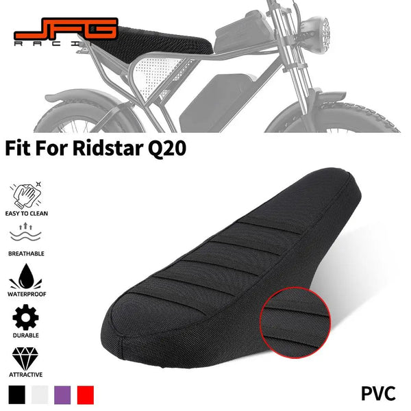 Black PVC motorcycle seat cover designed for Ridstar Q20 e-bikes and scooters