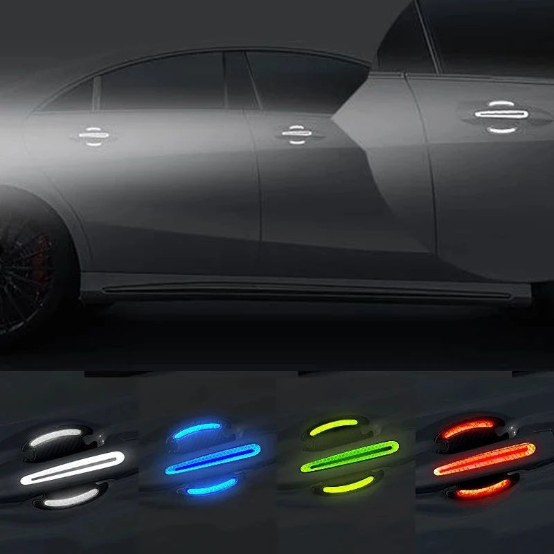 Close-up view of reflective stickers applied to a car door handle, showing various colored lights.