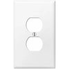 A white durable electrical light switch cover plate with a circular cutout for a switch.