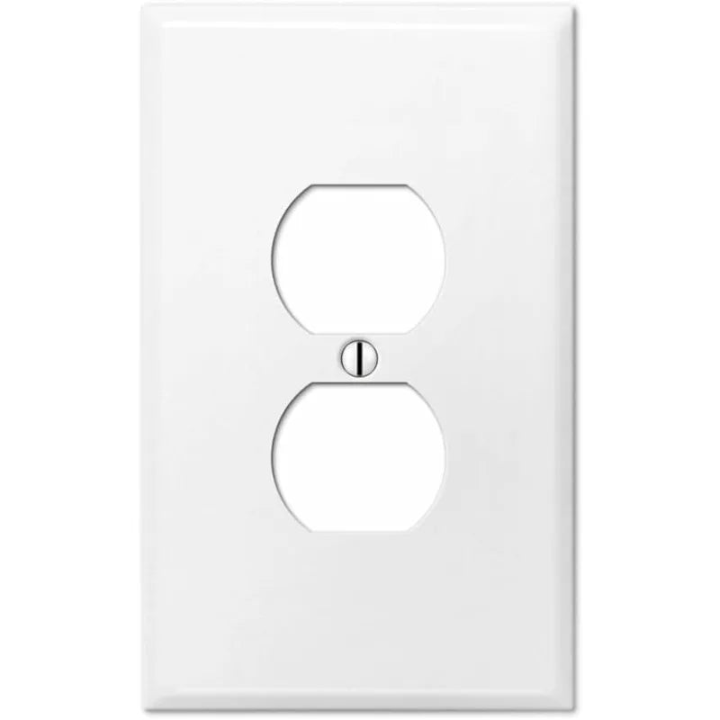 A white durable electrical light switch cover plate with a circular cutout for a switch.