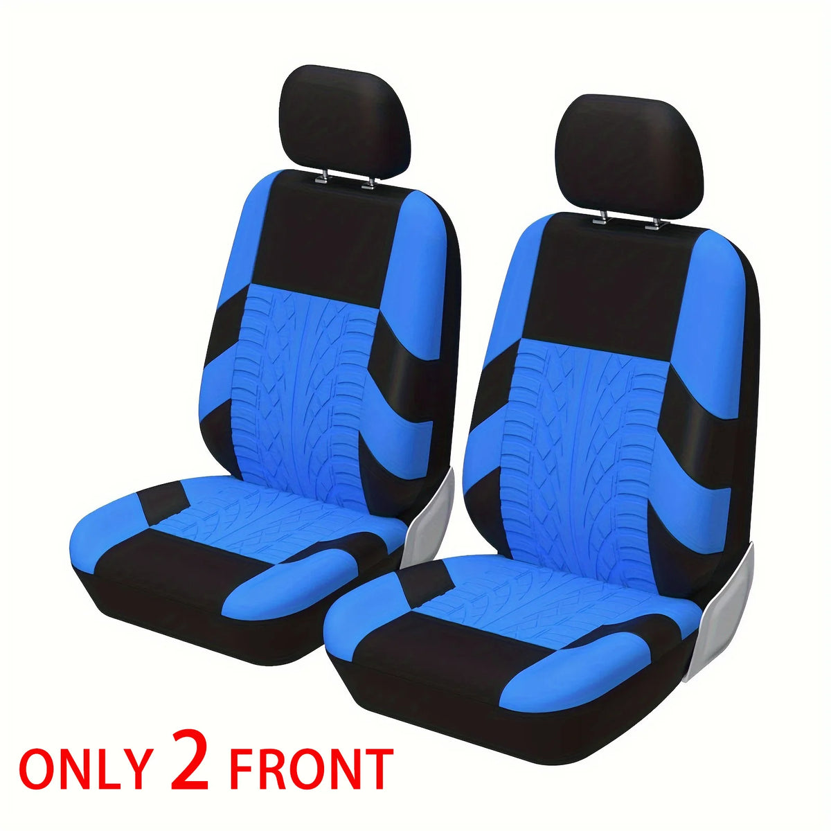 Two black car seat covers with blue accents shown from the front view.