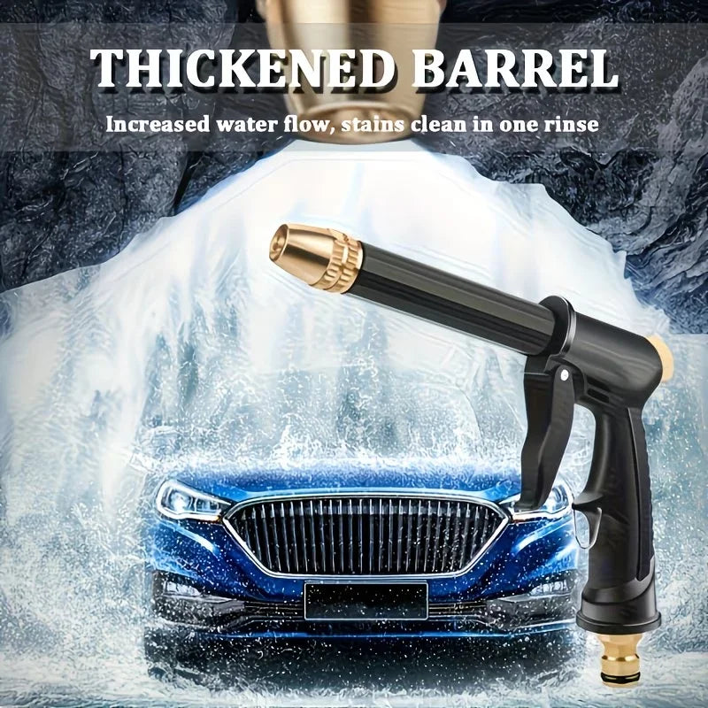 A black high-pressure cleaning gun is shown spraying water onto a blue car, demonstrating thickened barrel cleaning power.