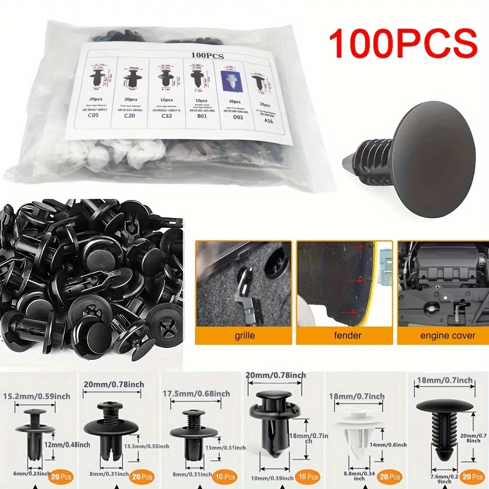 A set of universal automotive fastener clips and trim fasteners in various sizes and materials for body work.