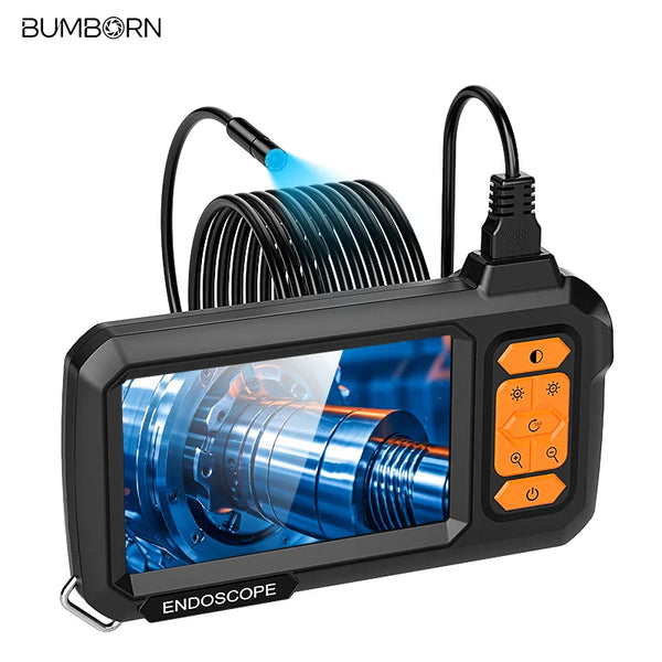 A black professional industrial endoscope probe with a flexible light source and viewing lens.
