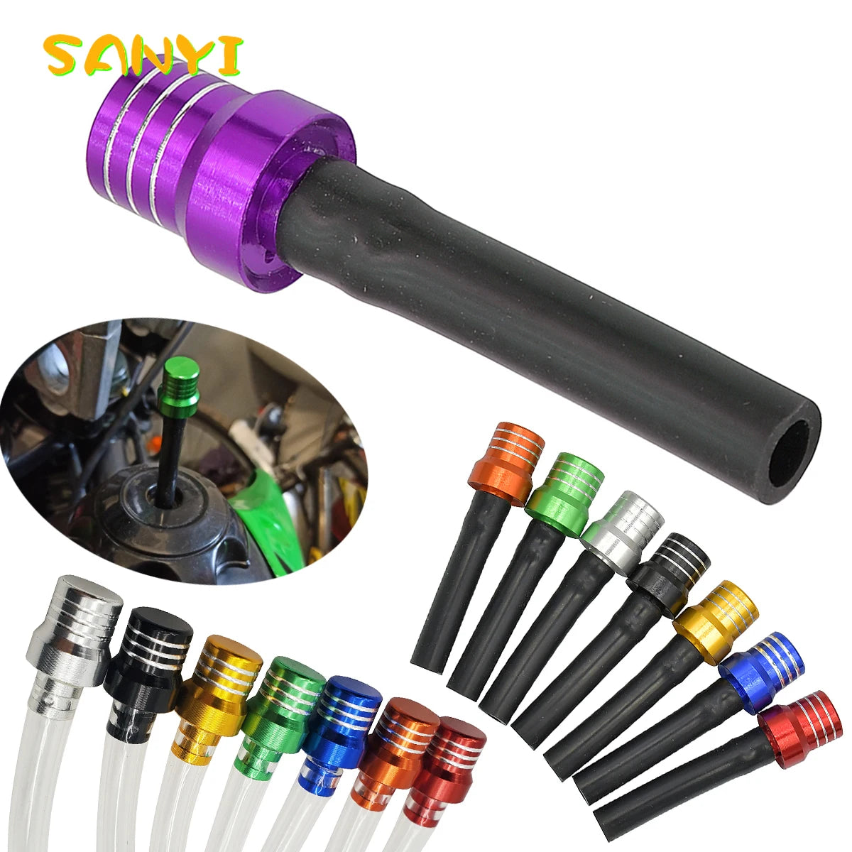 A set of universal motorcycle fuel vent breather hoses and fittings in various colors like black, purple, green, orange, and 
